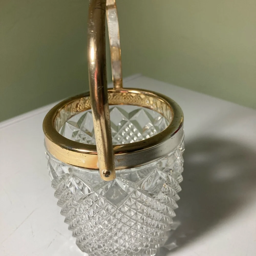 Vintage Crystal Glass Ice Bucket with Gold Handle